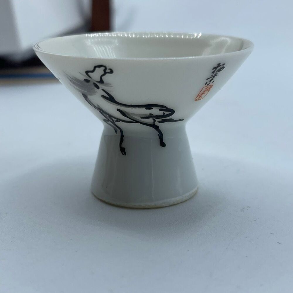 VTG Jingdezhen porcelain sake cup hand painted black horse